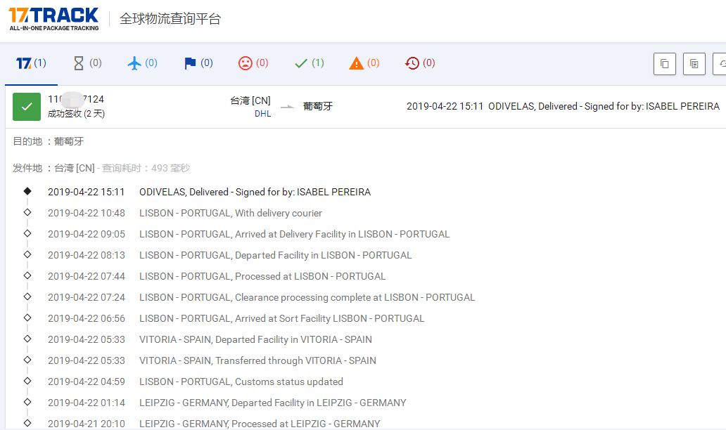 DHL專線-TW到葡萄牙簽收時效
